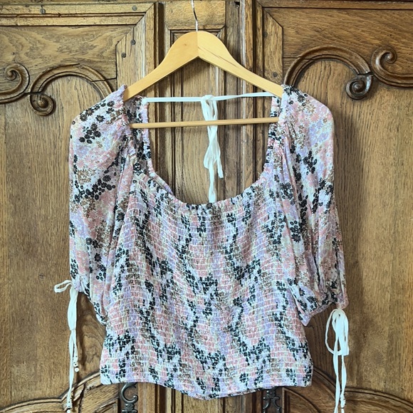 Free People Back On Top Crop Smocked Shirt Blouse Soft Combo Puff Sleeve - Picture 5 of 15
